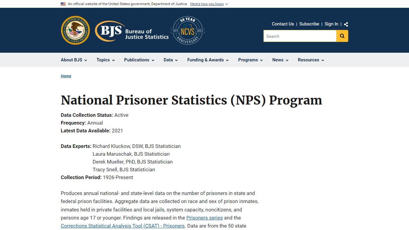 National Prisoner Statistics (NPS) Program - Bureau of Justice Statistics