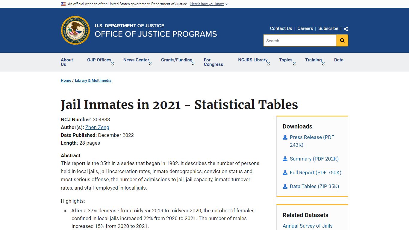 Jail Inmates in 2021 - Statistical Tables - Office of Justice Programs