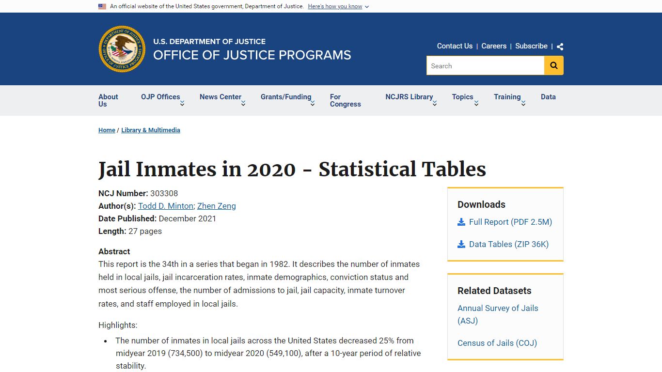 Jail Inmates in 2020 - Statistical Tables - Office of Justice Programs